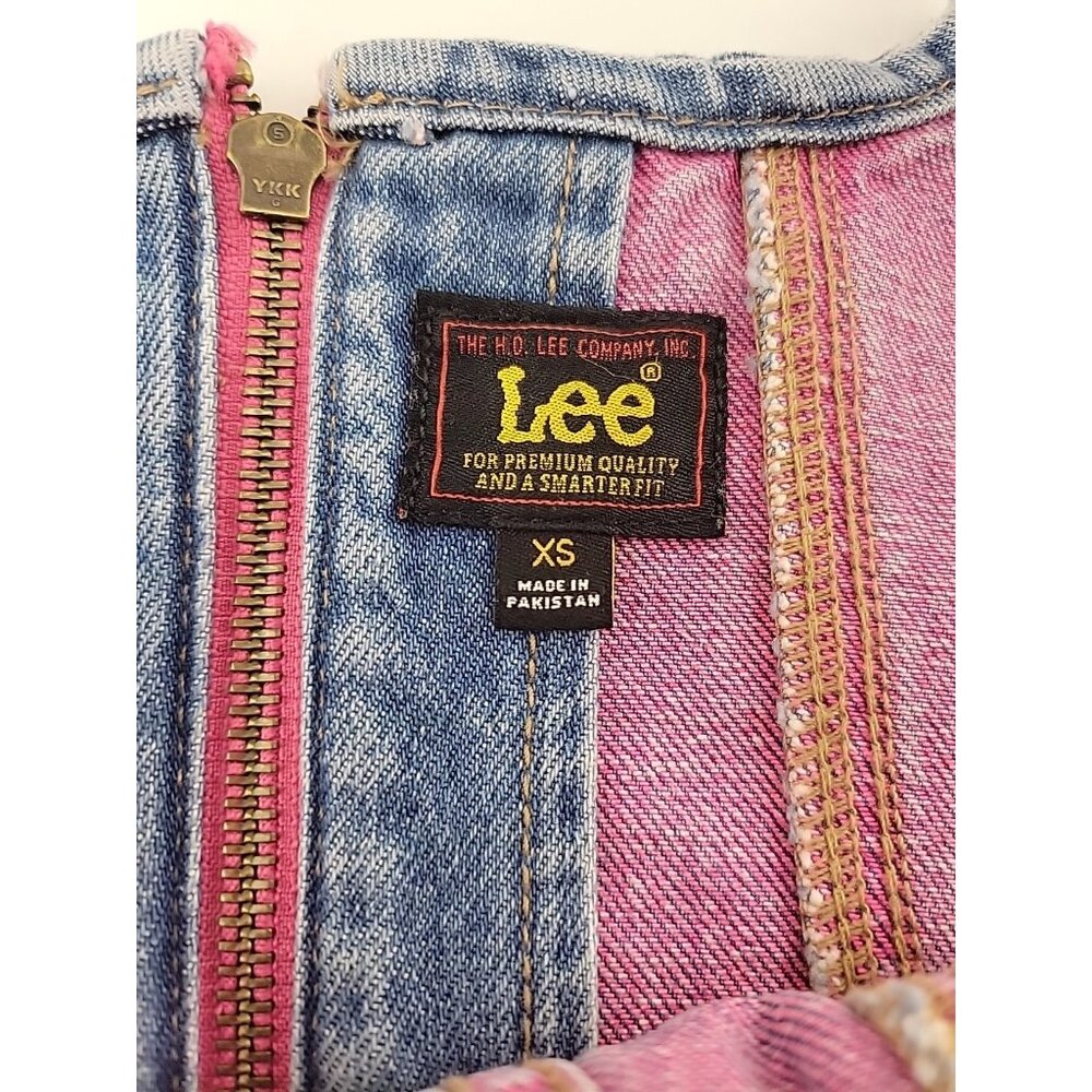New Lee Denim Crop Tank Top With Pink Frayed Trim Zip Back Jean Sz XS - Picture 6 of 7